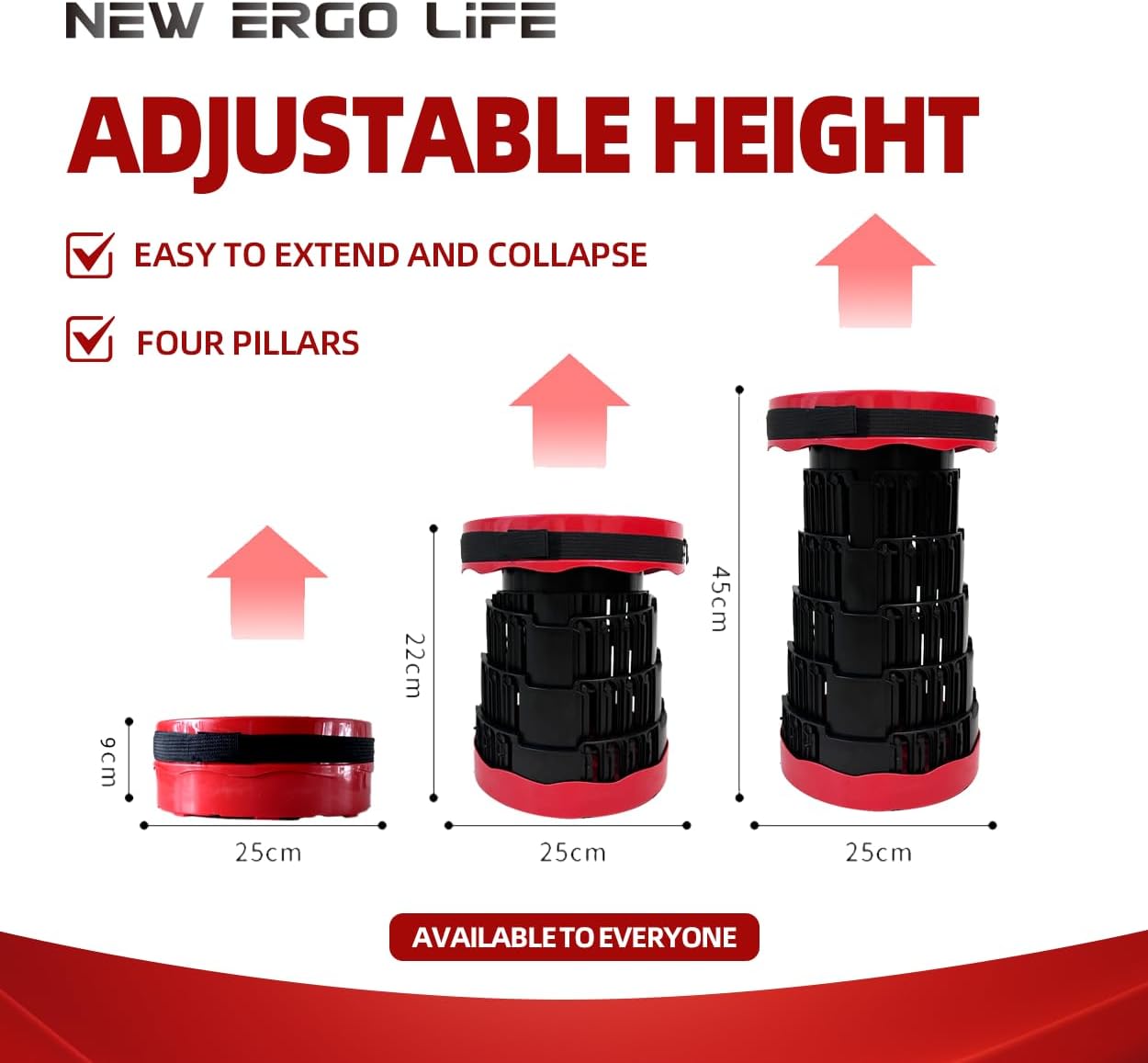 Portable Collapsible Stool - 4 Pillars Large Weight Capacity Travel-Friendly Folding Stool, Easy to Use Lightweight Telescoping Seat for Outdoor Activities, Camping & Hiking (Red)