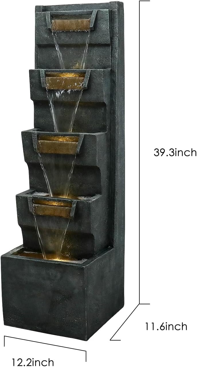 SunJet 39.3inches High Modern Water Fountain – 5-Tier Outdoor/Indoor Water Fountain with Soothing Water Sounds & Warm LED Light, Perfect for Garden, Patio, Home & Office