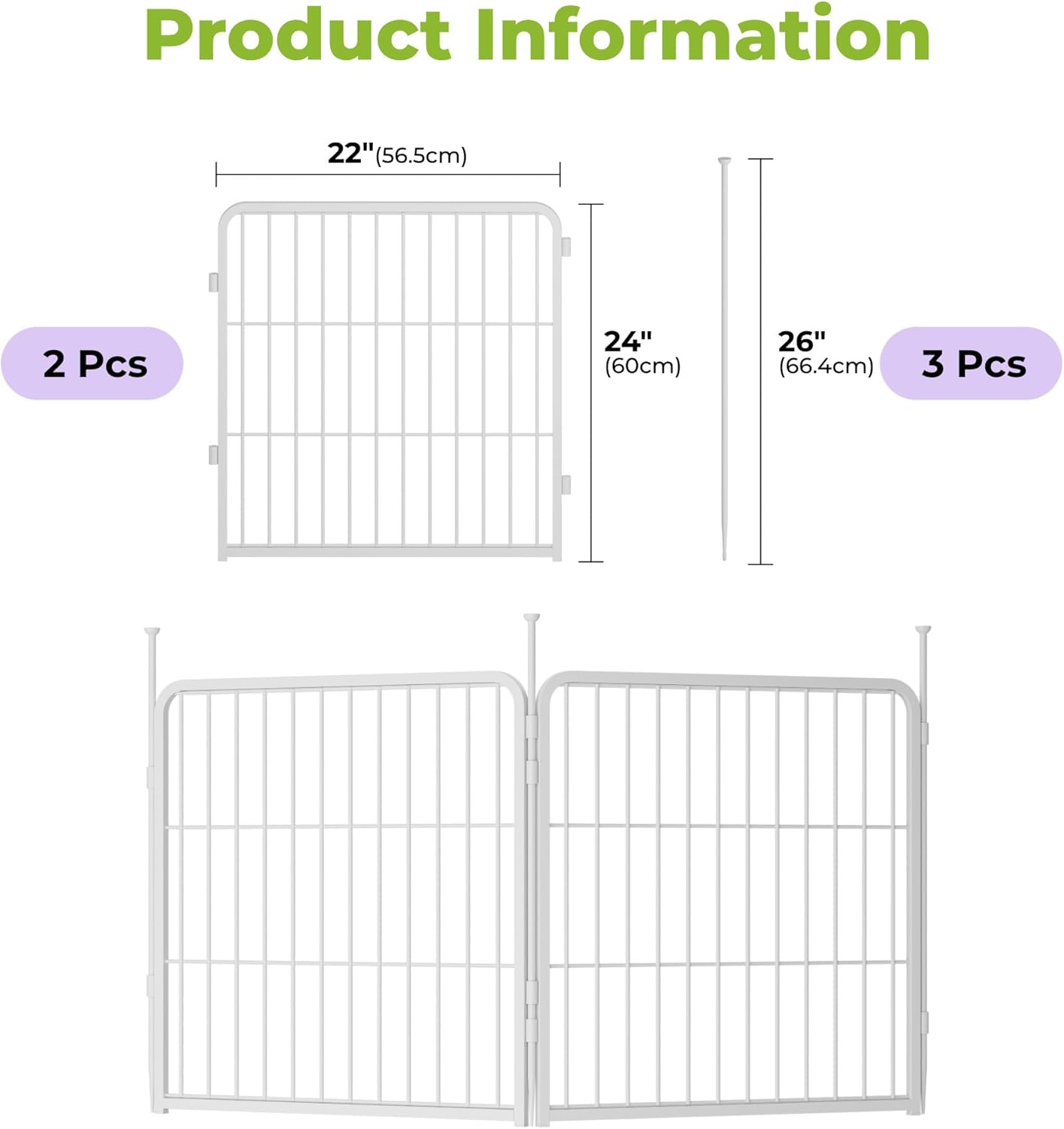 Decorative Doorless Garden Fence 24 in(H) x 3.7 ft(L) 2 Panels, Heavy Duty Metal Animal Barrier Fence, No Door, Flower Bed Fencing, White