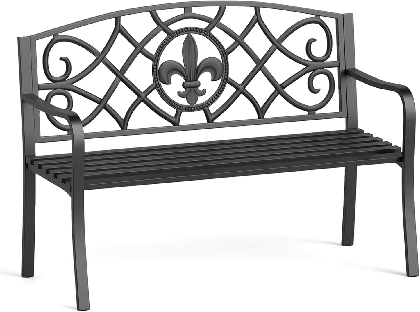 Tangkula Metal Outdoor Garden Park Bench, 50.5 Inch Metal Slatted Loveseat for 2-3 with Cast Iron Floral Backrest, Heavy-Duty Patio Seating Furniture for Backyard, Porch, Balcony