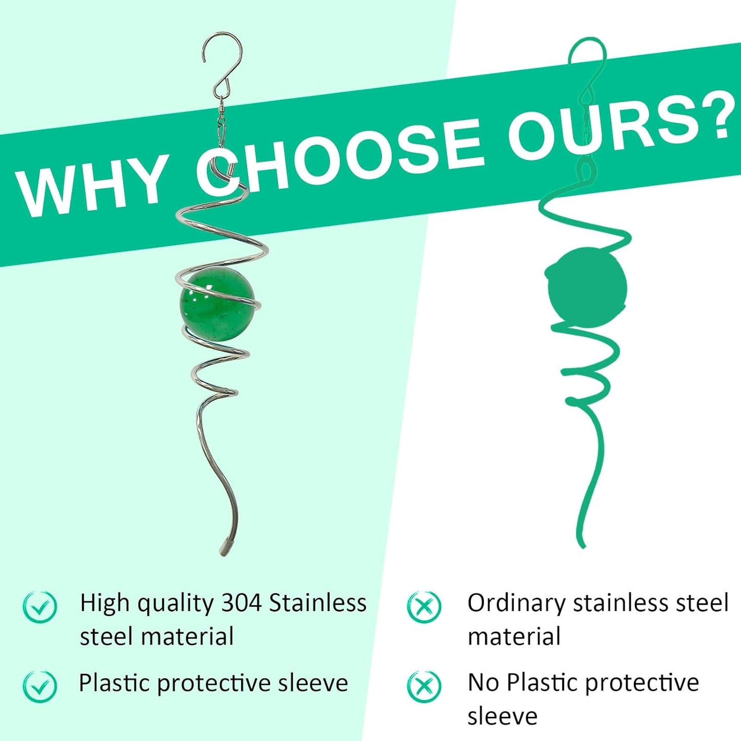 Wind Spinner Tail with Green Glass Orb,Gazing Ball Spiral Tail,Wind Spinners Stabilizer,Visual Illusion in Spinning Hanging Rotating Art Decor,Indoor Outdoor Garden Decoration-13in