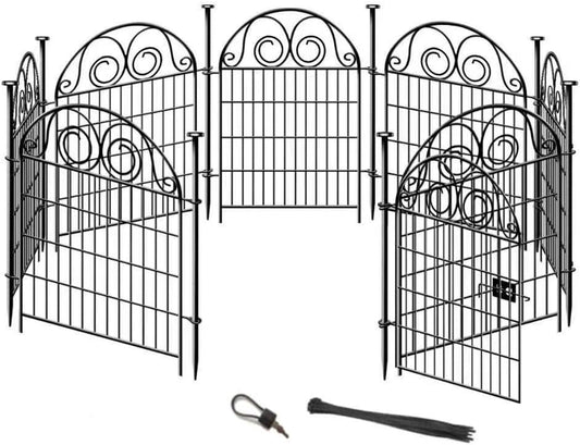 Tall Garden Animal Barrier Fence With Gate, 32 in(H)×27 in(L) 8 Panels Dog Digging Fencing Barrier, Black Metal Temporary Fence, Reusable Defense Fences For Outdoor Yard. Total 17.5 Ft│Patented