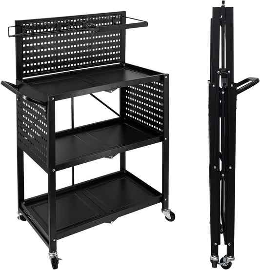 Lumizone Foldable Tool Cart with Wheels Rolling Utility Service Cart with Pegboard for Power Tool Organization Garage Organizer Storage on Wheels Heavy Duty Folding Design (Tool Cart)