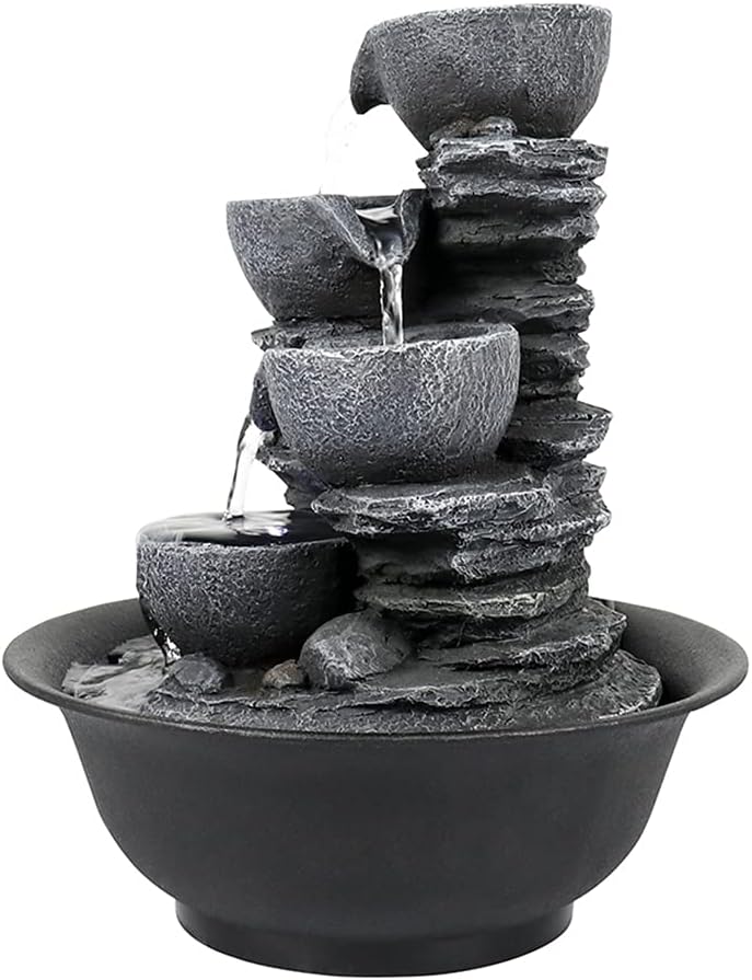 10.6” High Cascading Tabletop Fountain w/LED Light - 4-Tier Bowls Rock Water Fountains Indoor Small Relaxation Waterfall Feature for Home, Office and End Table Decoration (10.6" high, Gray)