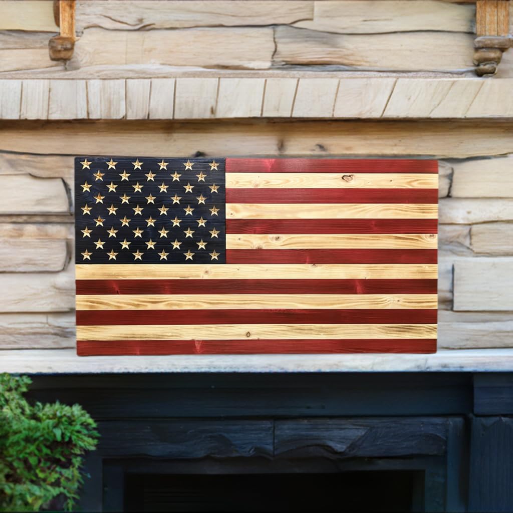 Rustic Wooden American Flag, Patriotic Wall Art (Natural Finish, 13x25)