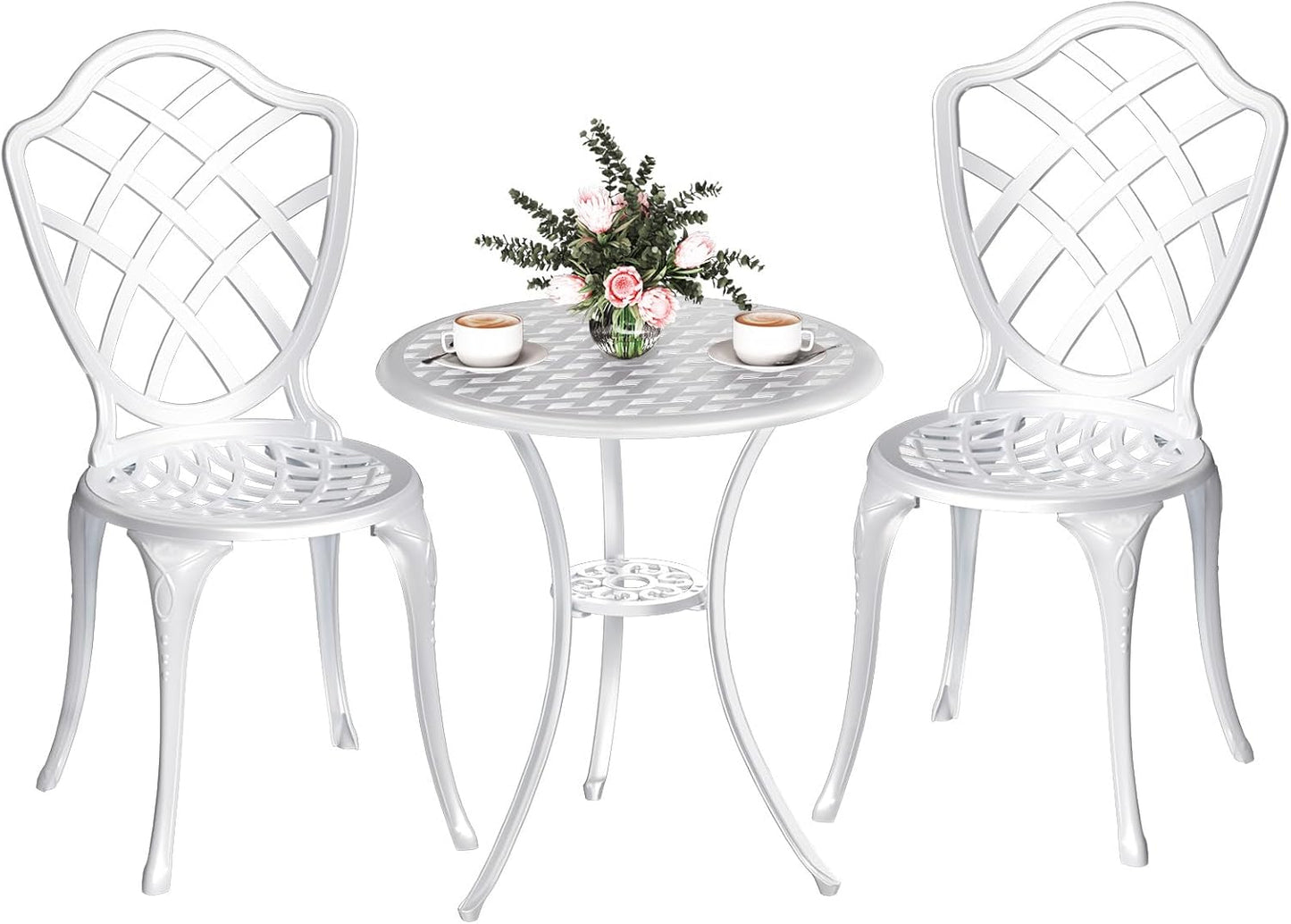 3 Piece Patio Bistro Set, Outdoor Bistro Table and Chairs Set of 2 w/Umbrella Hole, Rust-Resistant Cast Aluminum Bistro Set for Garden/Balcony/Backyard, White