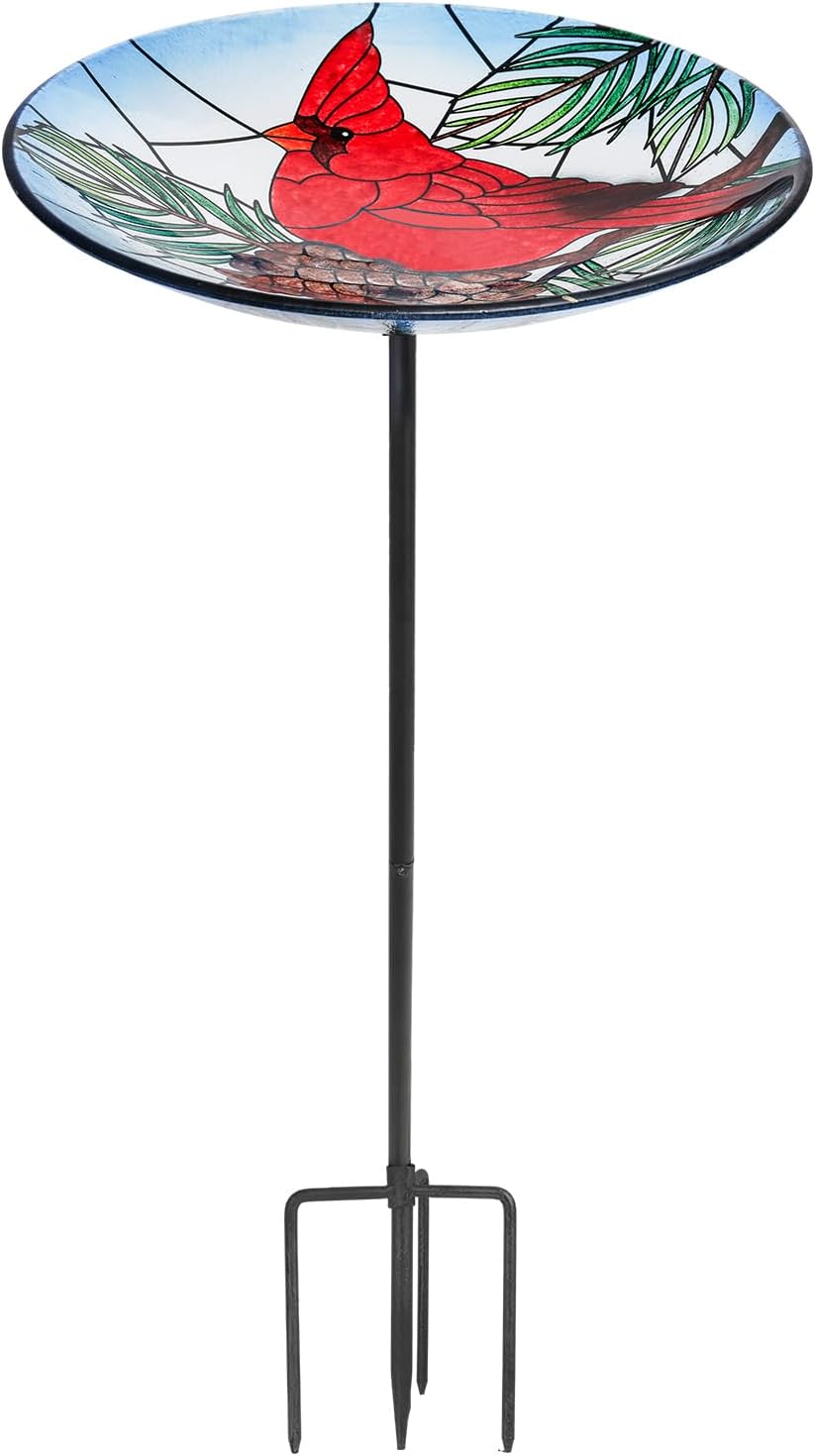 MUMTOP Glass Bird Bath, Garden Outdoor Birdbaths Birdfeeder with Metal Stake Red Cardinal