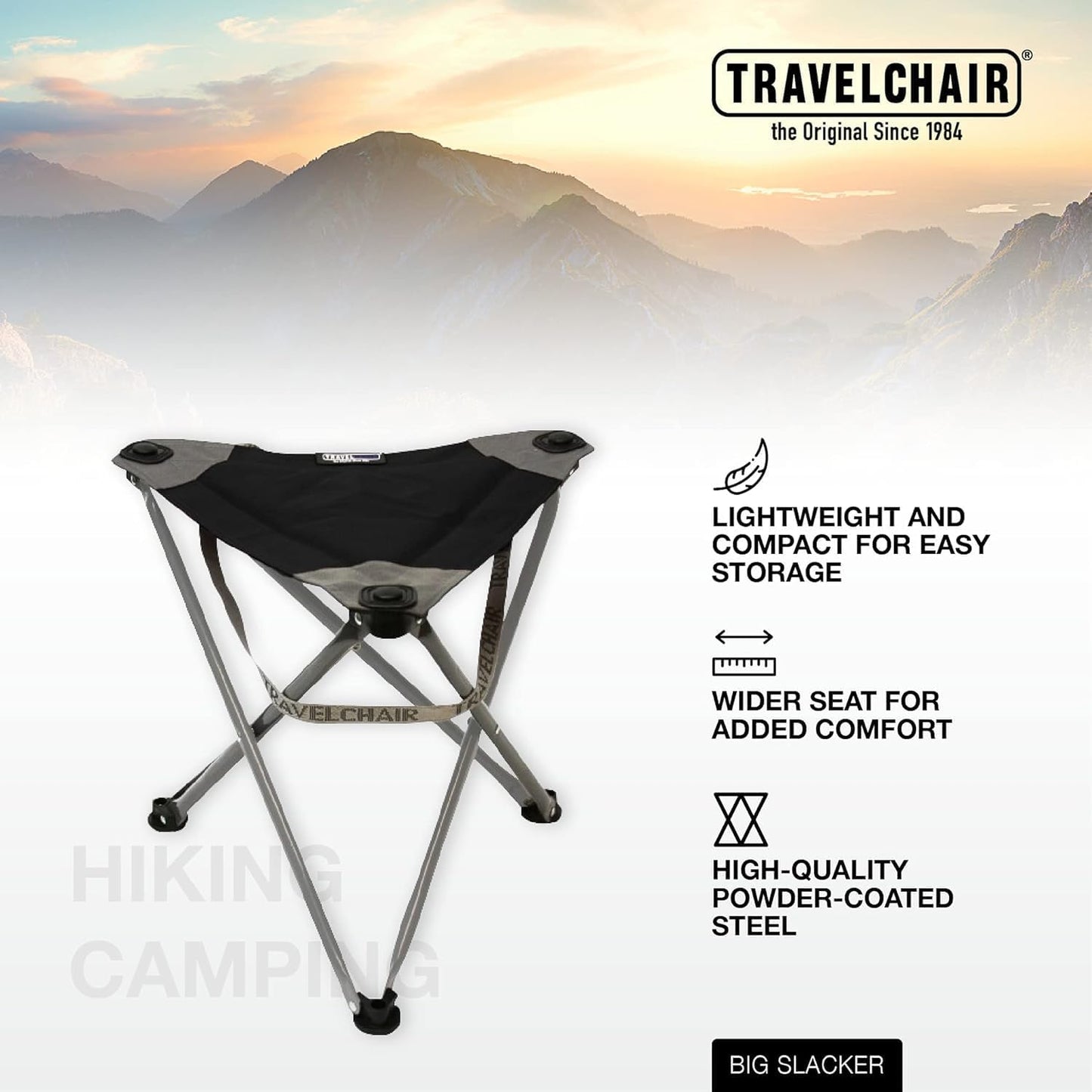 Travel Chair Big Slacker Stool, Portable Tripod Chair for Outdoor Adventures, Quick Folding Fishing Camping Travel Stool, Black & Gray