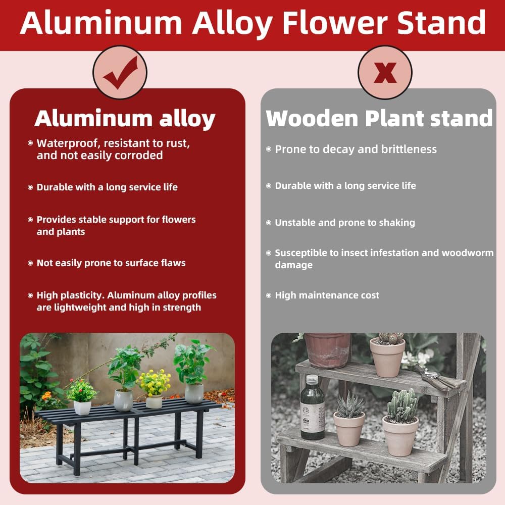 Chic & Robust 300 LBS Capacity Aluminum Plant Stand - Your Indoor & Outdoor Plant Display Solution, Size: L47.2 x W11.4 x H19.7 inch.