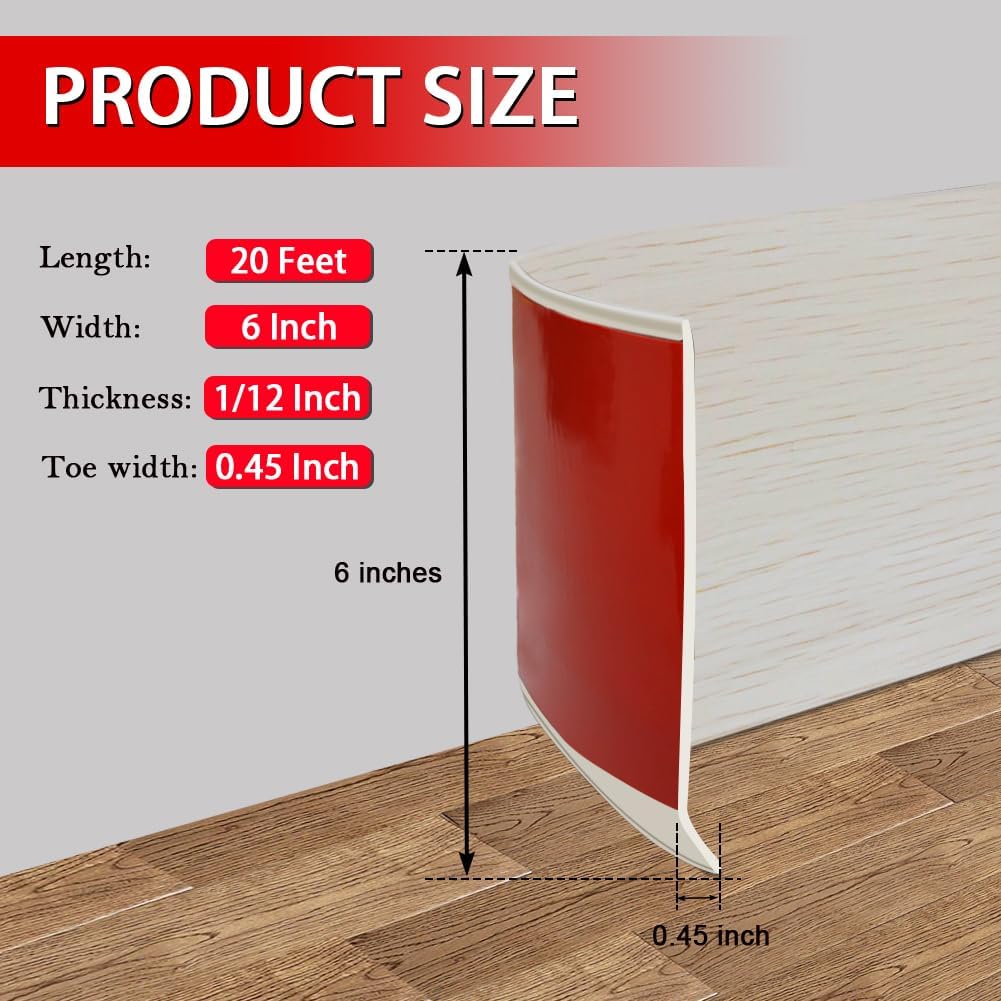 Vinyl Wall Base Baseboard Molding Trim 6" Flexible Self Adhesive Rubber Wall Base Moulding Trim Peel and Stick Design, 6 Inch x 20 Feet, Beige Wood