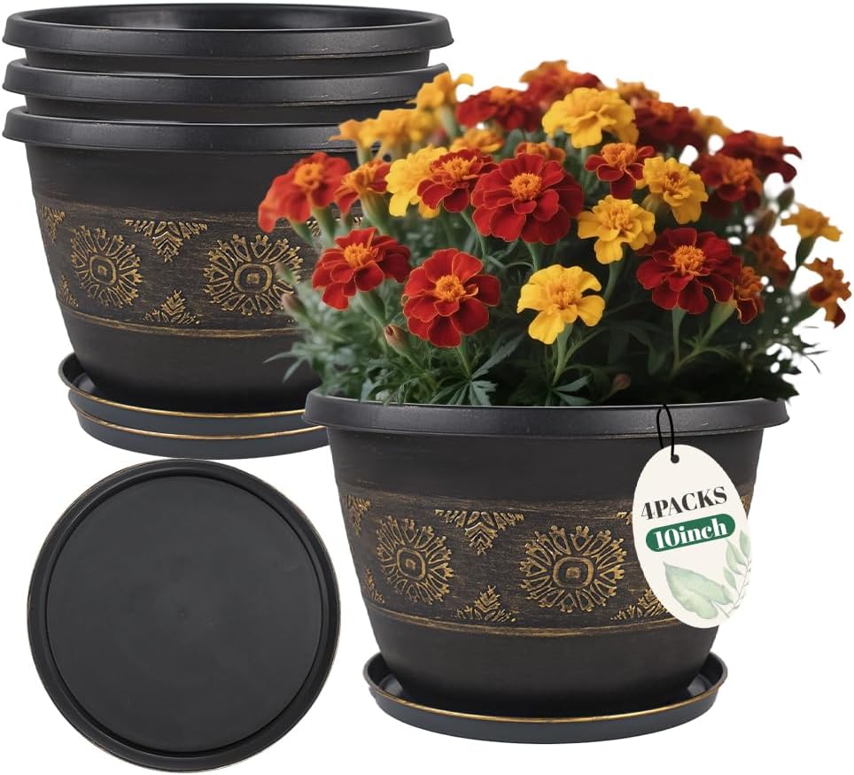 4 Pack 10 inch Plant Pots, Retro Pattern Planters with Drainage Holes and Saucer, Sturdy Plastic Garden Flower Pots for Indoor & Outdoor Plants