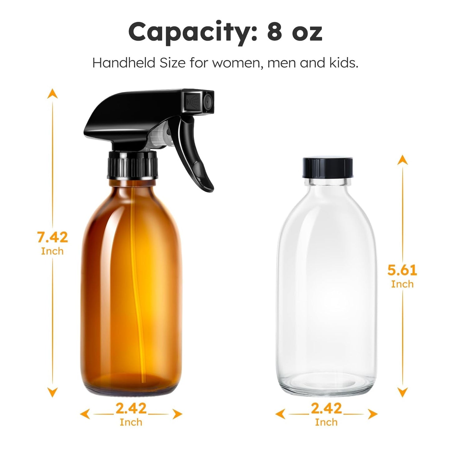 Tecohouse Glass Spray Bottle 8 oz, Clear Small Empty Refillable Sprayer Container with Labels, Funnel, Lids, Graduated Pipettes - Handheld Size