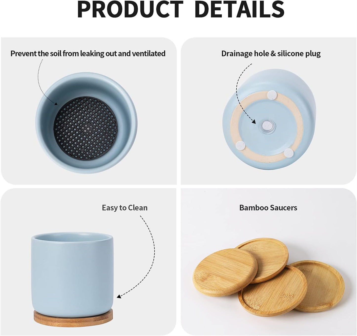 OMAYKEY Succulent Pots, 4 Inch Ceramic Planter Plant Pot with Tray, Drainage Hole & Mesh Pad for Indoor Flowers, Cactus, Herbs, Aloes - Cool Multicolor, Set of 4 (Plant Not Included)