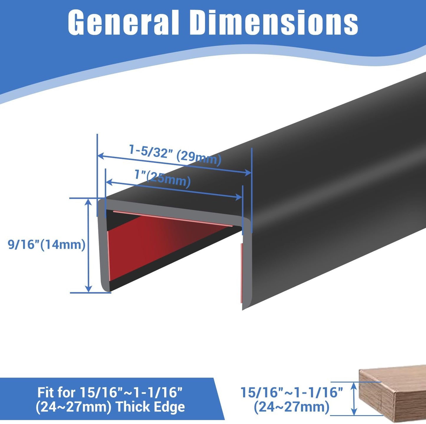 Rubber Edge Trim, Self-Adhesive U Channel Edge Protector for Plywood, Cabinet, 1" Wood Edge Banding, Flexible Furniture Repair, EPDM Material, Fit 1"(25mm), Length 10Ft, Black
