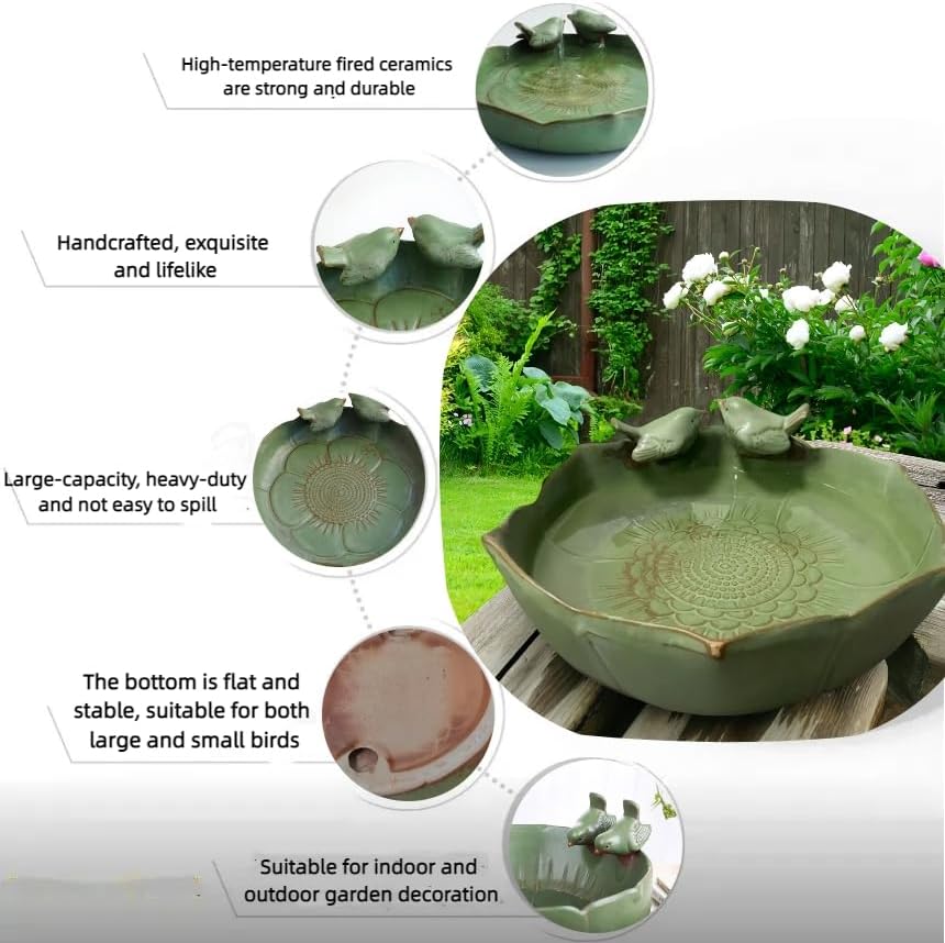 Bird Bath for Outside on Ground, 10 in Ceramic Birds Bath Bowl, Handmade Ground Bird Feeders and birdbath for Outdoors for Outdoors, Garden, Tabletop, Balcony and Lawn (Big - deep)