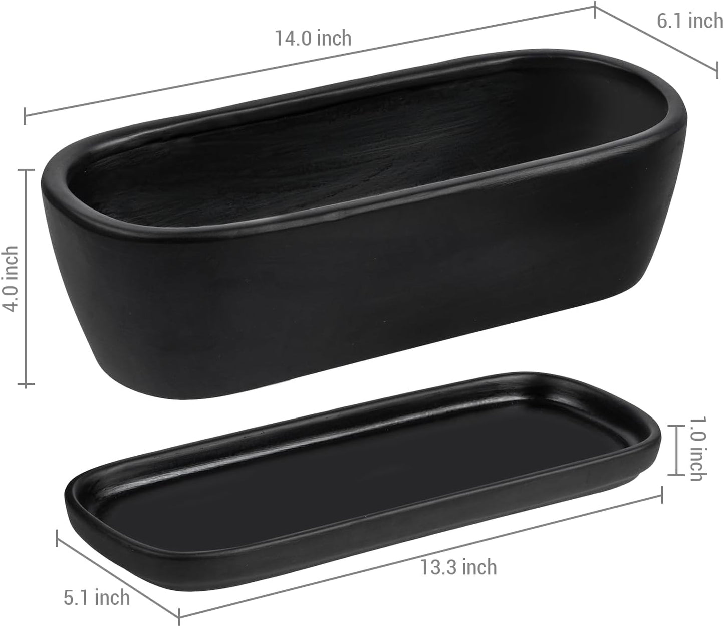 MyGift 14 Inch Oval Modern Matte Black Ceramic Succulent Planter Pot with Drainage Hole and Removable Saucer, Decorative Indoor House Plant Container for Flowers, Cactus, Herbs