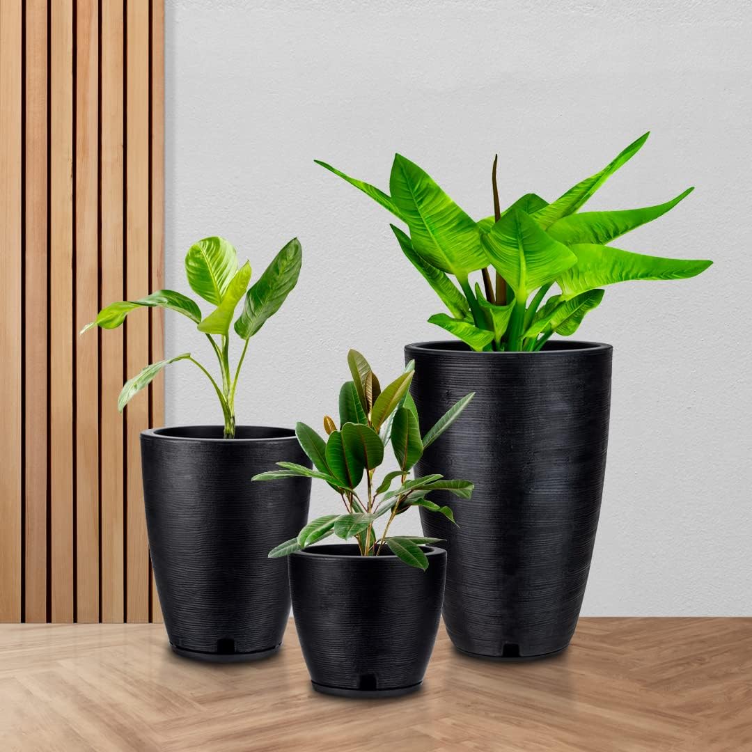 Floridis Plastic Plant Pot, Black, Set of 3 (11+17+25 inch) with Drainage Hole and Saucer. Outdoor and Indoor Set of Black planters for patios, Front Porch.