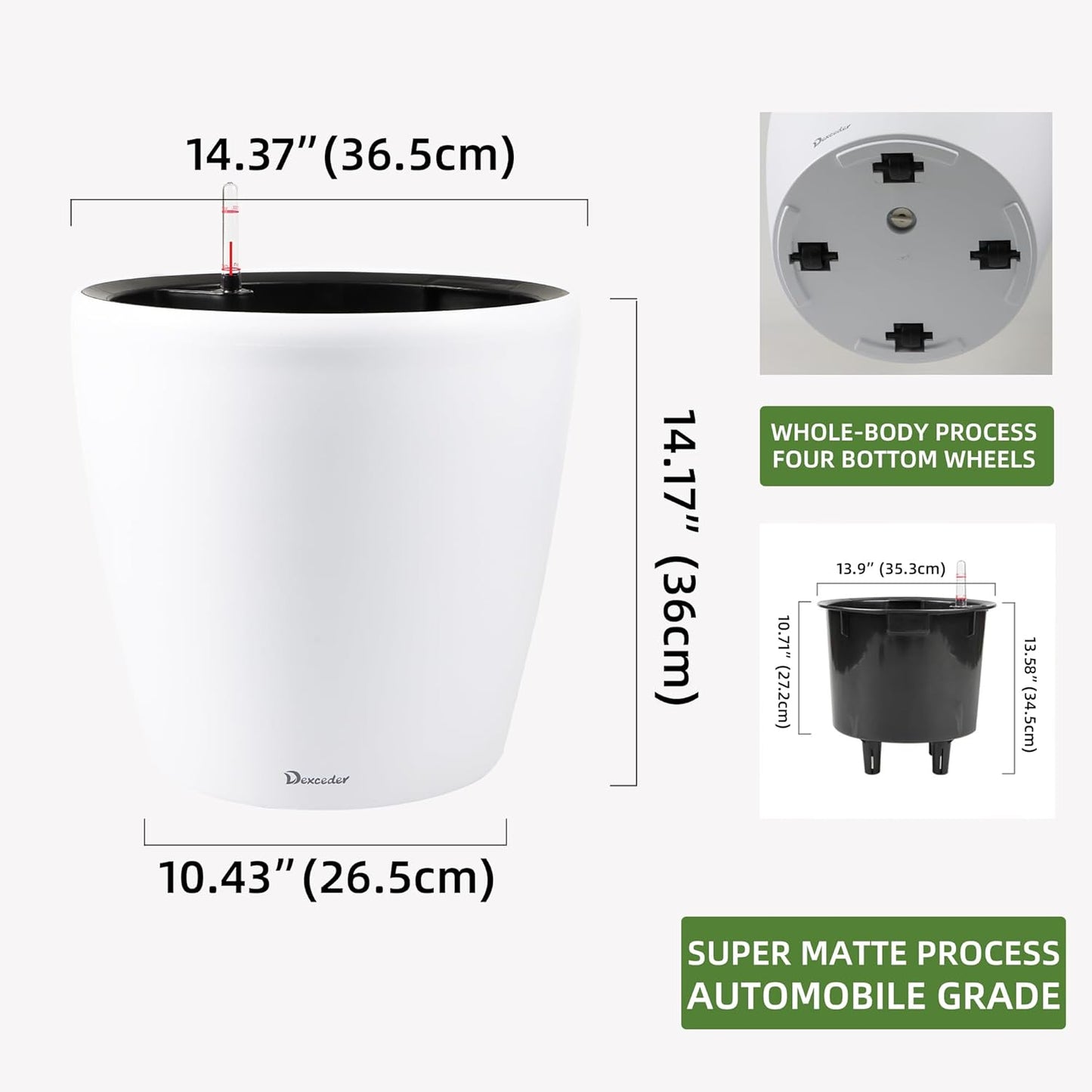 Dexceder 15x14 Self Watering Planter with Wheels Indoor Outdoor, Inner Pot Design, Thickened Large Floor Standing Flower Plant Pot with Water Level Indicator (White Matte)