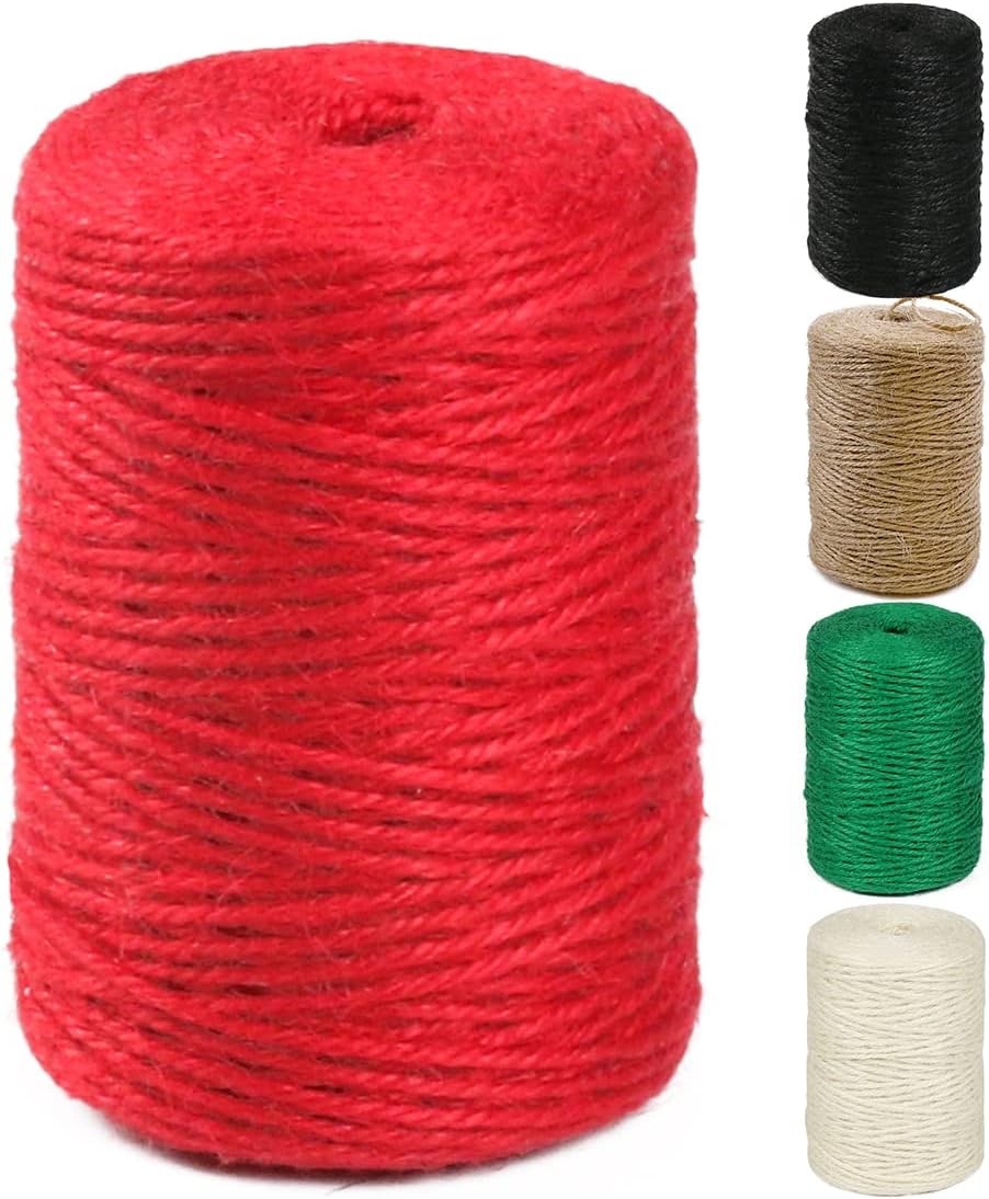 PerkHomy Natural Jute Twine 600 Feet Long Colored Twine Rope for Crafts Gift Wrapping Packing Gardening and Wedding Decor (Red)