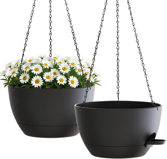 10 Inch Hanging Planters with Chains 2 Pack Self Watering Black Plastic Hanging Pots for Indoor Outdoor Plants, Garden Porch Home Decor (Black)