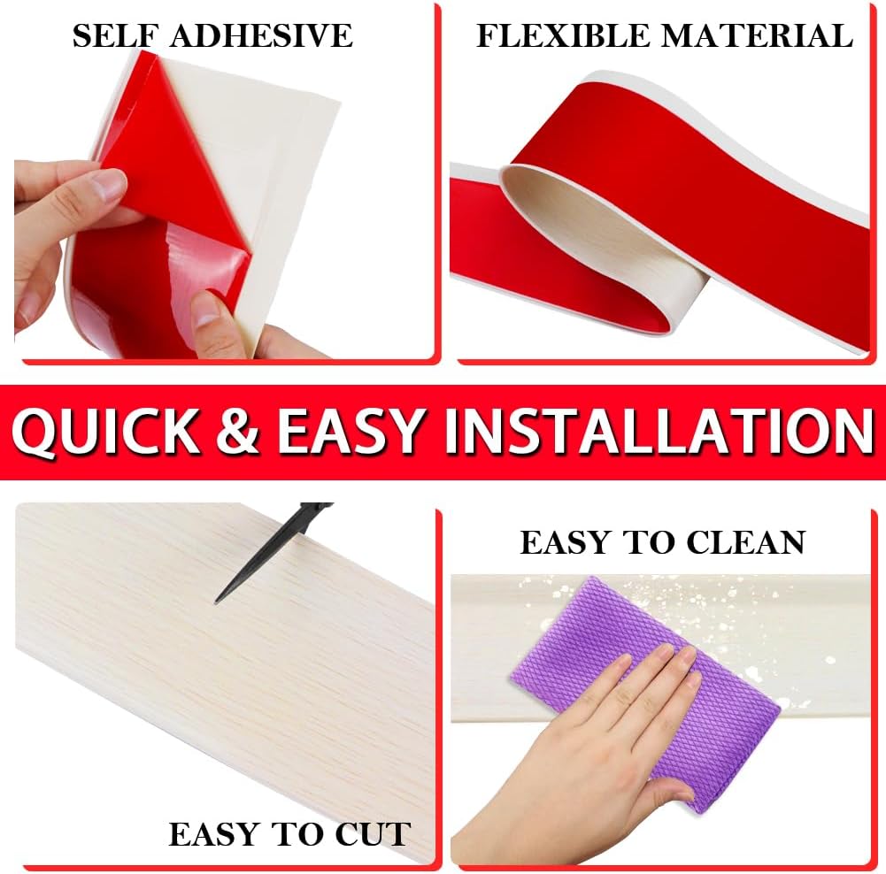 Vinyl Wall Base Baseboard Molding Trim 6" Flexible Self Adhesive Rubber Wall Base Moulding Trim Peel and Stick Design, 6 Inch x 60 Feet, Beige Wood