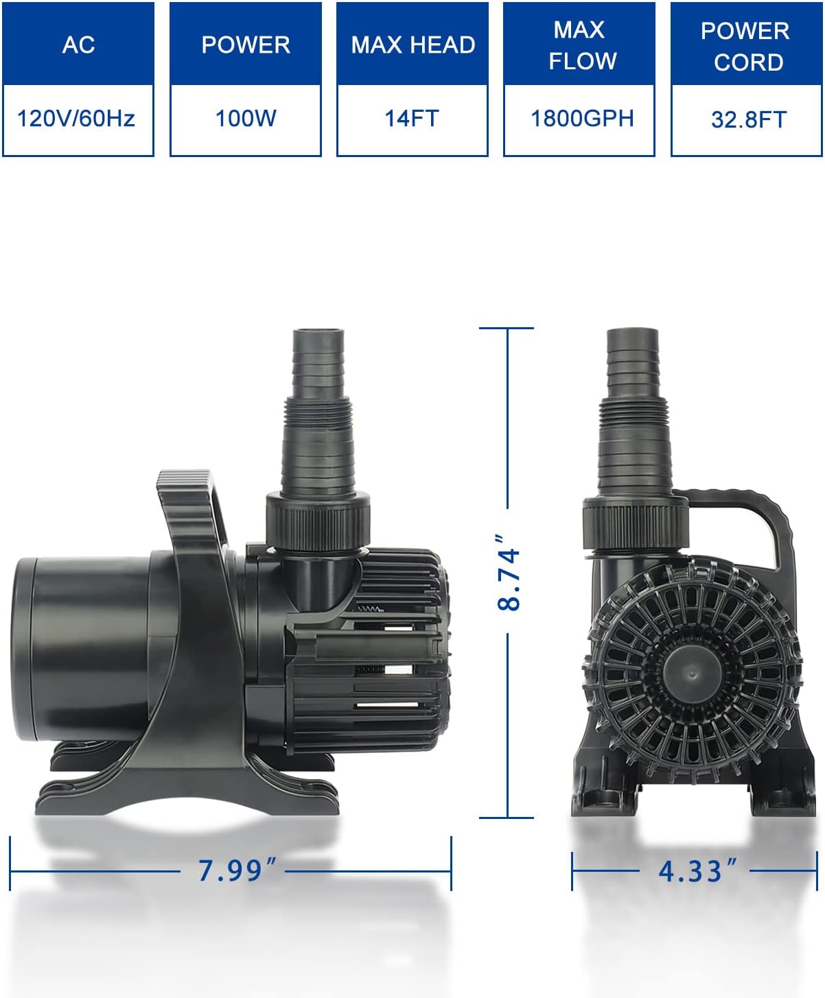 OYO WATER Outdoor 1800Gph-100W 32.8FT Small-Pond Water-fall & Kio Fish Fountain-s &Garden Pump Submersible IPX8: Long 32.8FT Cord Smart-er & Quieter Duck & Yard &Patio Ponds Pumps, 1 Barrier Pump Bag