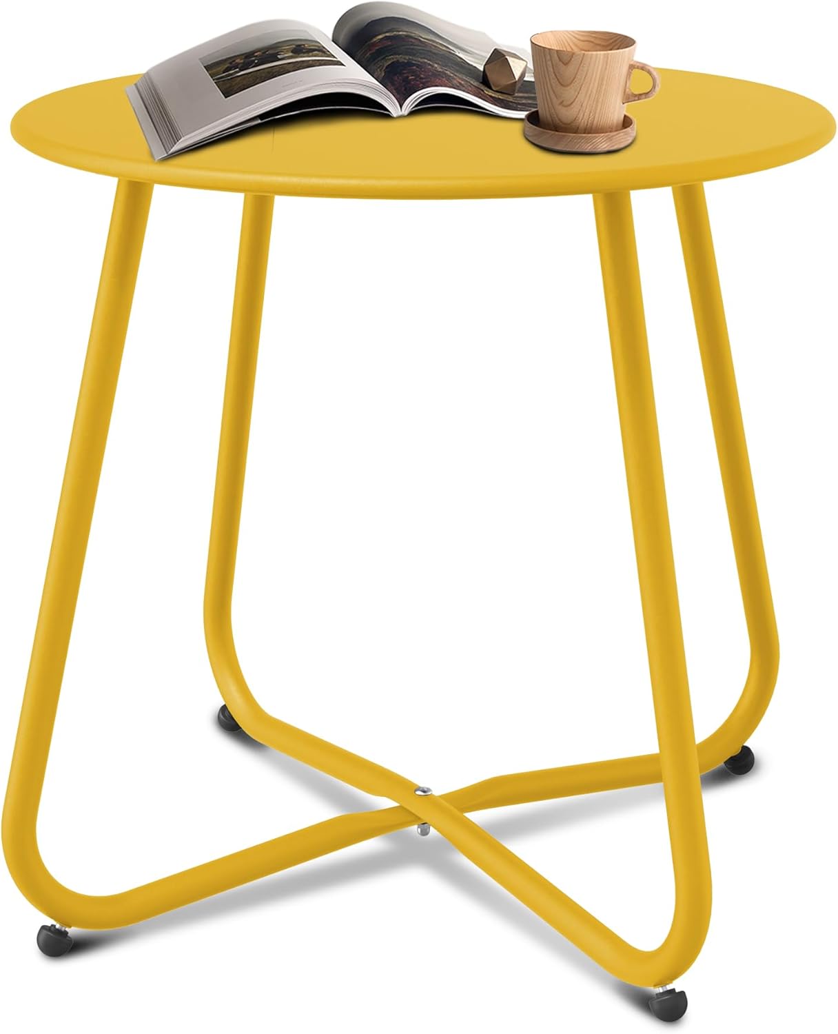 Patio Side Table Waterproof Round Metal Steel Weather Resistant Portable Outdoor and Indoor End Table for Garden Balcony Yard, Lemon Yellow