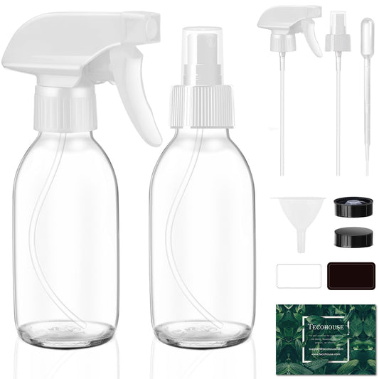 Tecohouse Glass Spray Bottles 4 OZ, Empty Small Spray Bottles 2 Pack for Essential Oils, Cleaning Solutions, Plants, Hair Mister, withDurable Nozzle, Labels, Funnel, Pipettes Clear