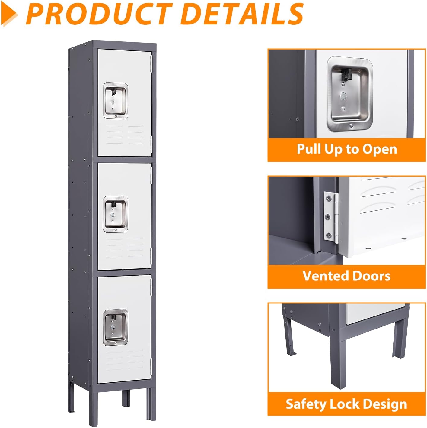 Metal Locker for School Home Office Gym, Steel Storage Lockers for Employees Students, 3 Tier Metal Storage Locker Cabinet with 3 Doors (Grey White)