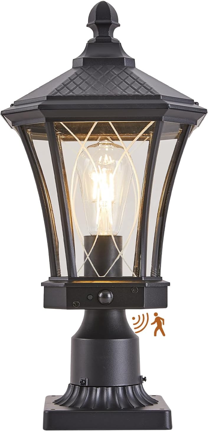 Motion Sensor Outdoor Post Lights with Pier Mount Base, Dusk to Dawn Outdoor Pillar Lamps Waterproof Exterior Post Lamp with Patterned Glass Outdoor Pole Lights for Patio, Porch, Gate