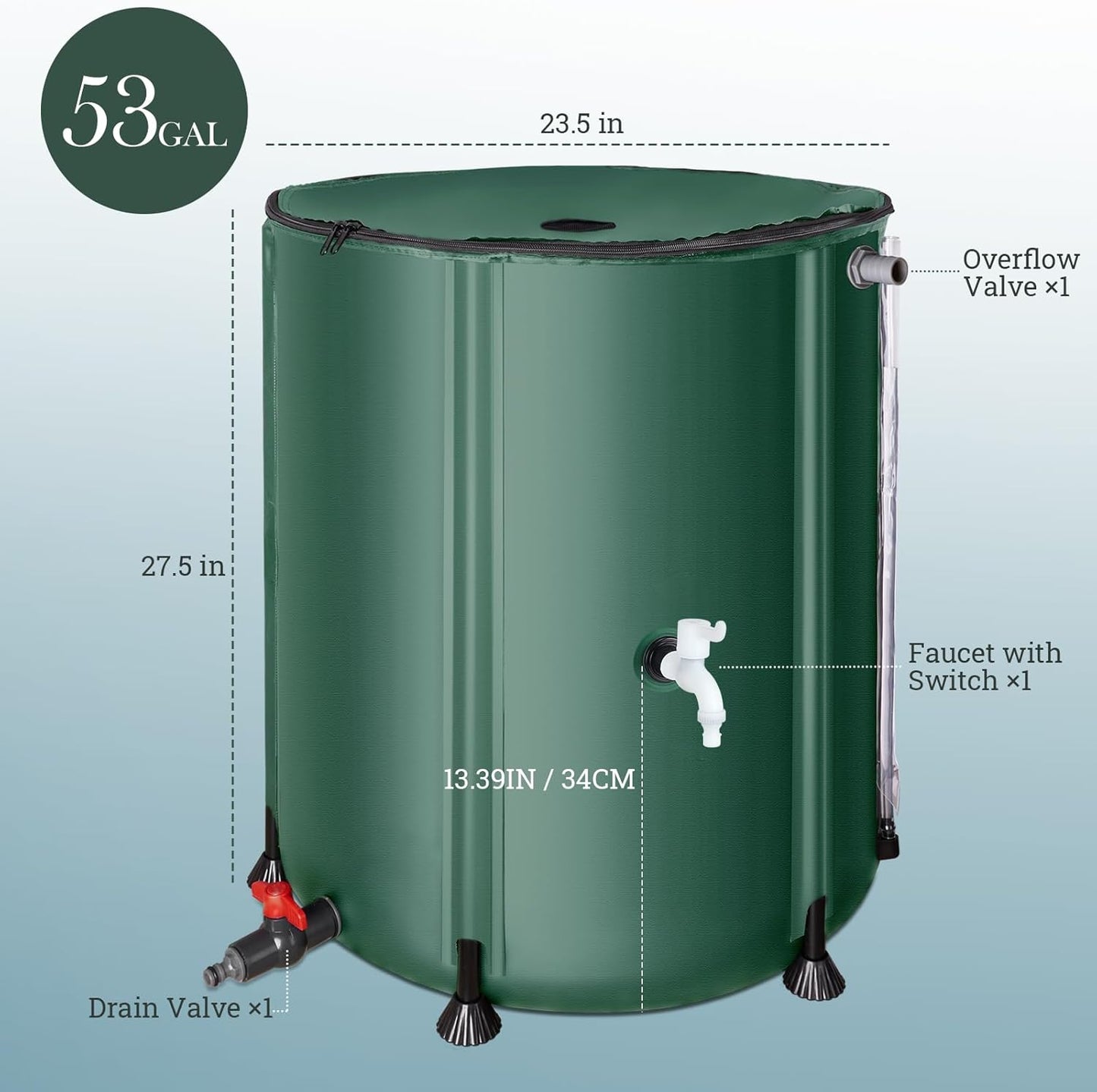 53 Gallon Collapsible Rain Barrel, SKM Portable Rain Water Collection Barrel for Garden/Outside/Lawn, PVC Rainwater Collection System Water Tank Storage Container with Spigots & Overflow Kit, Green