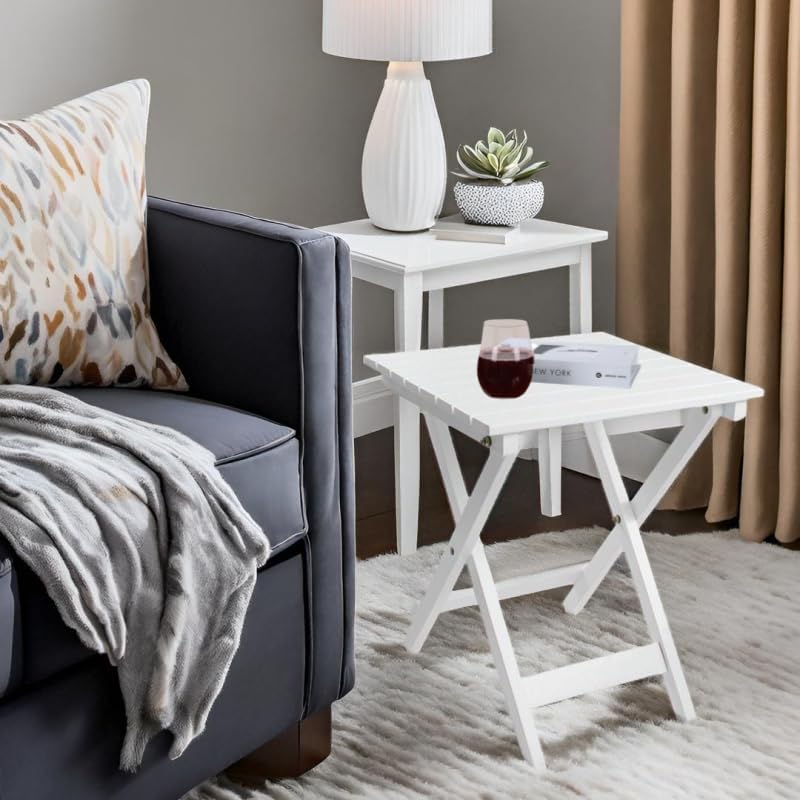 Outdoor Patio Side Table Set of 2 Small Wood End Square Table Folding Coffee Furniture for Living Room, Bedroom, Plant Stand, Camping Portable White