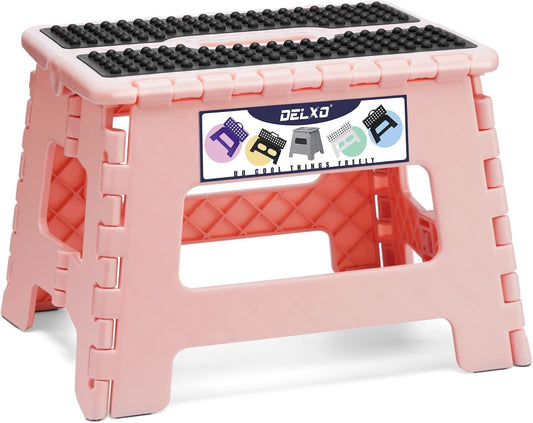 Delxo Folding Step Stool 9 Inch,Non-Slip Foldable Stools for Kids & Adults Up to 300 LBS,Kitchen Collapsible Fold Up Stepping Stool with Dotted 1 Pack,Pink