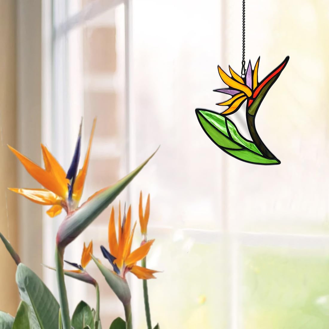 Bird of Paradise Flower Decor Stained Glass Suncatcher,Artificial Fake Flowers Gift for Women,Flowers Ornament Stained Glass Window Hangings,Housewarming Gifts for Mom Grandma
