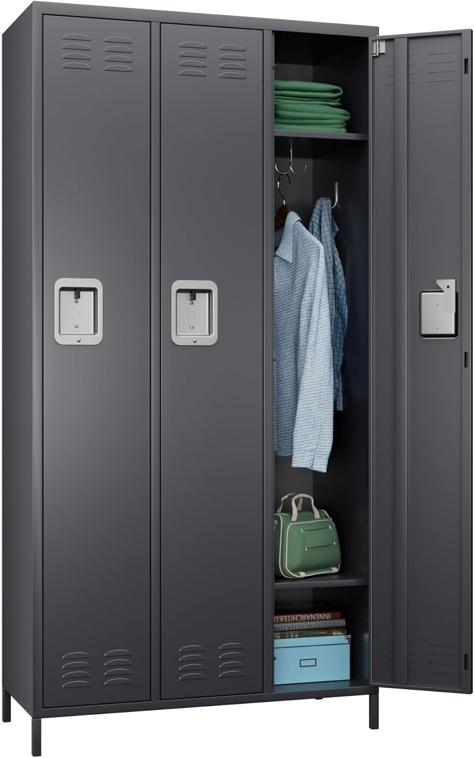 3 Doors Metal Lockers for Employees with 9 Hooks for Offices School Gyms Home,Assembly Required,Dark Gray