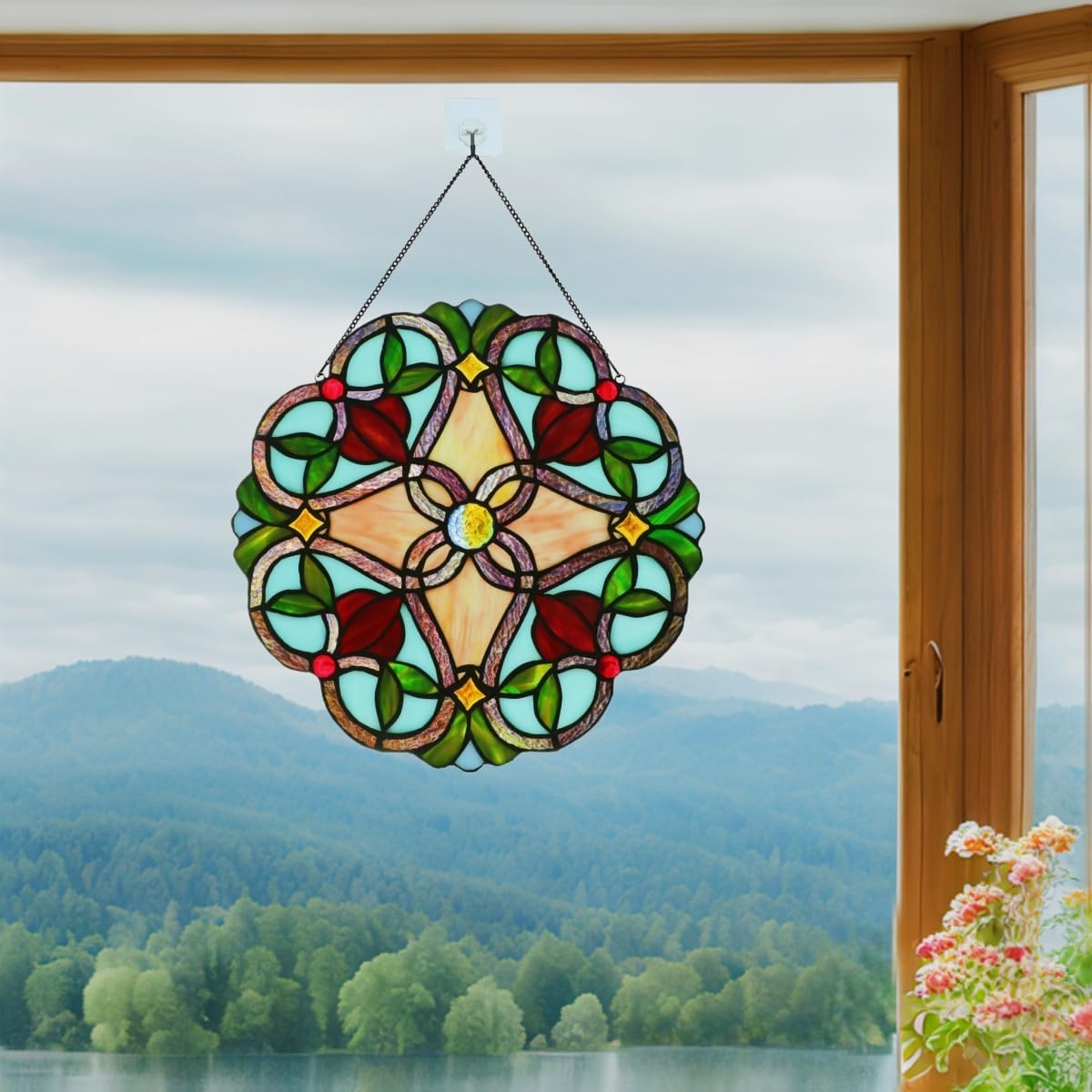 12 Inch Round Stained Glass Window Panel Handmade Tiffany Style Ornament Flower Suncatchers for The Windows Or Wall