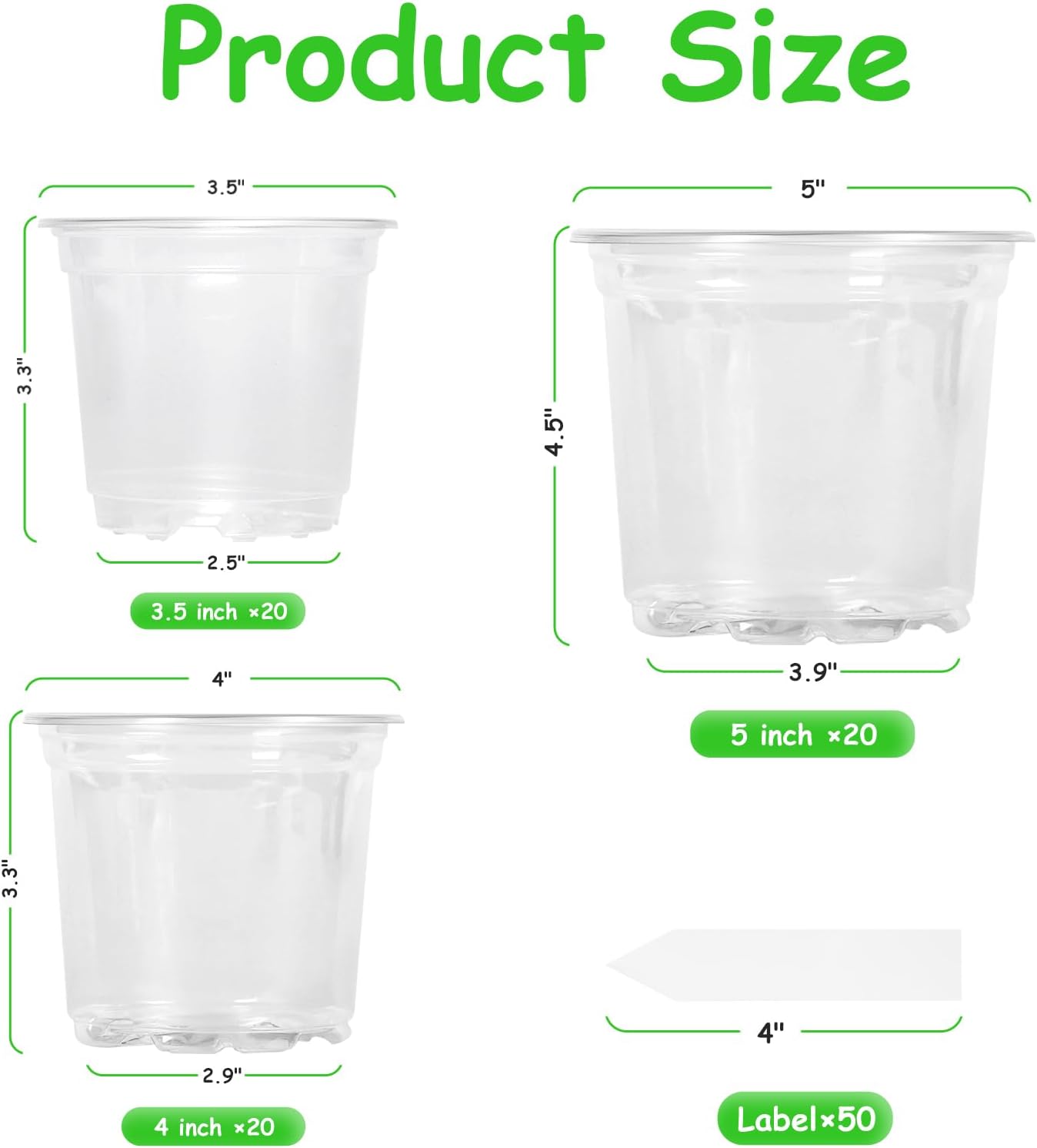 60 Pack 3.5/4/5 Inch Reinforced Clear Nursery Pots with Drainage Holes, Transparent Variety Pack Plastic Plant Pot Seed Starter Pots Flower Pots Come with 50pcs Plant Labels
