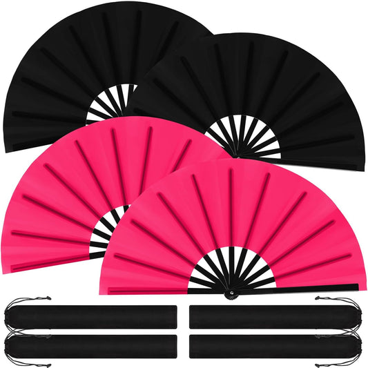 Blulu 4 Pcs 13 Inch Large Folding Hand Fans for Line Dancing Big Clapping Popping Raves Fans Bulk for Dancing Boots on The Ground Festival Party Decoration(Classic Style, Black, Rose Pink)