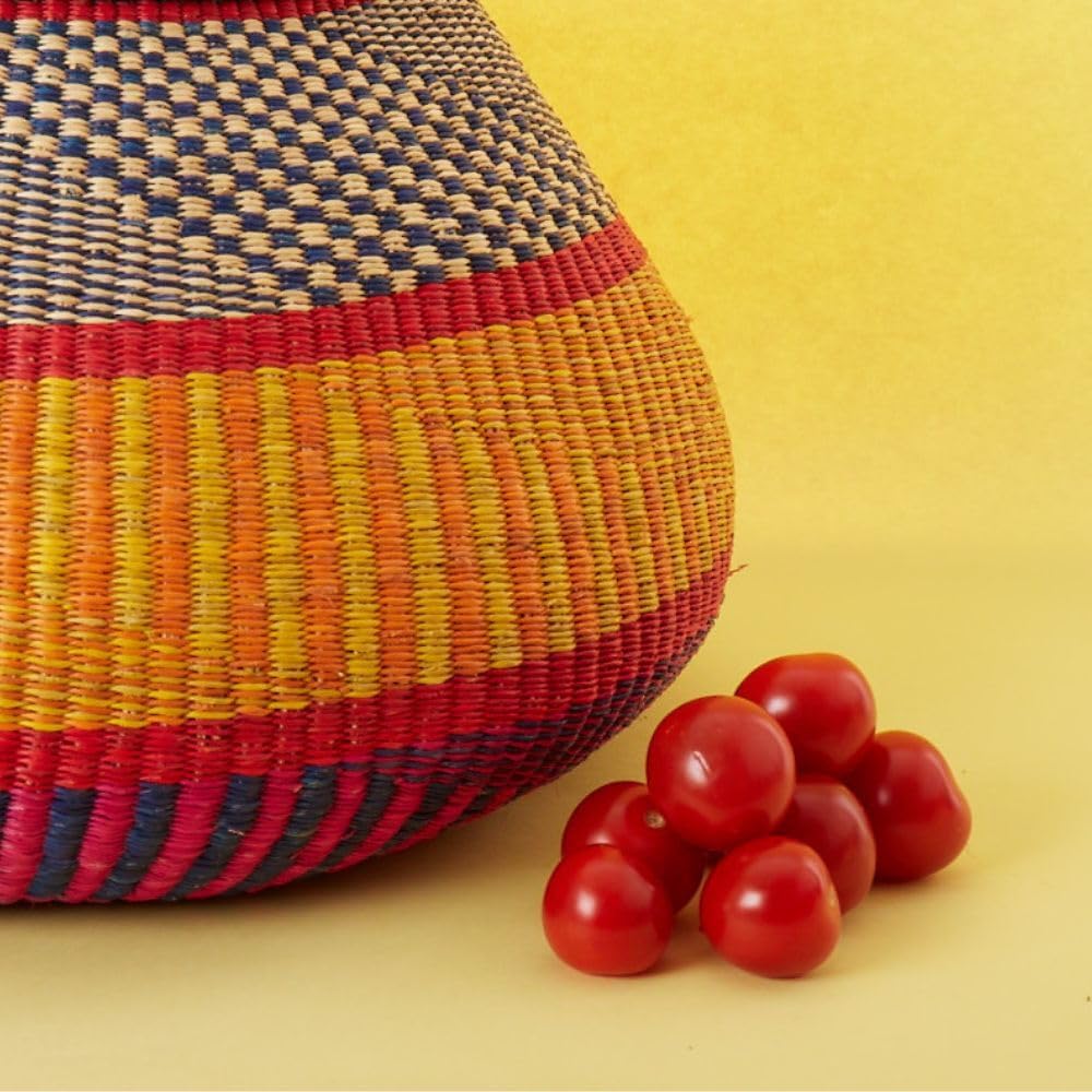 Home & Kitchen Decor, Wicker Basket, Picnic Basket, Living Room Basket, Organizing, Harvesting, Foraging, Fruit Storage, Hand Woven, Pot Shape, 16" Wide, Boho - Red Blue