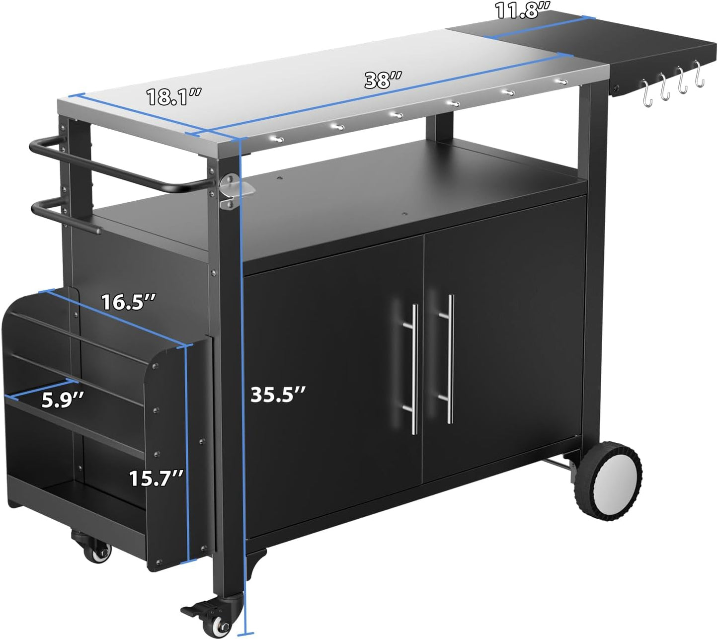ROOMTEC Outdoor Grill Cart with Storage,Patio Kitchen Island with WheelsHooks and Spice Rack,Waterproof Outdoor Grill Table,Movable BBQ Serving Cart Rolling Bar Cart for Home Party Bar