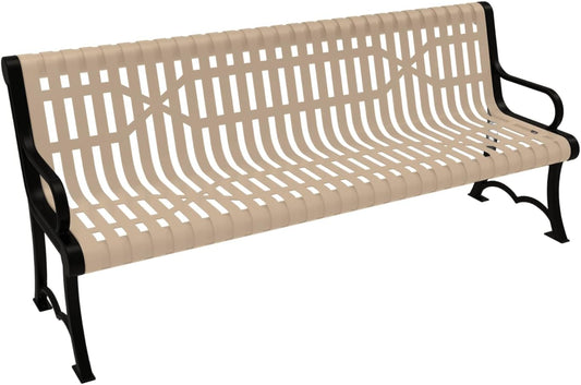 Coated Outdoor Furniture Heavy-Duty Outdoor Bench Thermoplastic Coated, Slated Steel, Commercial-Grade Garden Bench, Made in America (Portable with Back, 6 Ft, Tan)