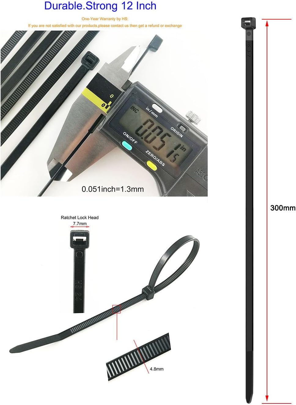 HS UV Protected Zip Ties 12 Inch (100 Pack) Self Locking Strong Plastic Wire Ties 12 Inch Black Nylon Cable Ties 50 LBS,Outdoor Indoor Purpose