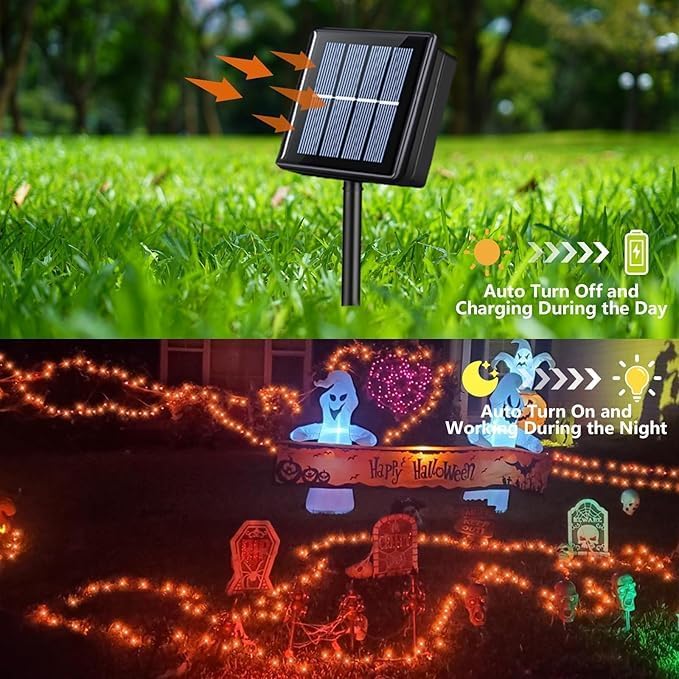 QITONG 4 Pack Orange Solar Fairy Lights, Each 33ft 100 LED Halloween Lights Outdoor Waterproof, 8 Modes Copper Wire Mini String Lights