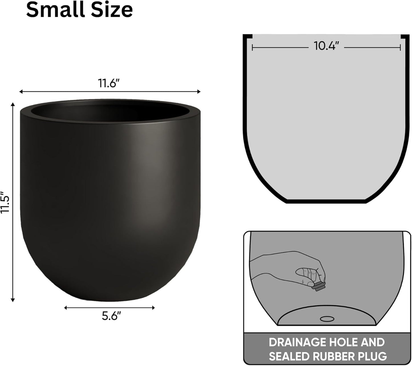 DTY Signature Mount Antero Lightweight and Durable Modern Fiberstone Bullet Shaped Planter Indoor & Outdoor Drainage Hole & Rubber Plug Weather Resistant, 12" H x 12" Dia, 10.2" Opening - Small, Black