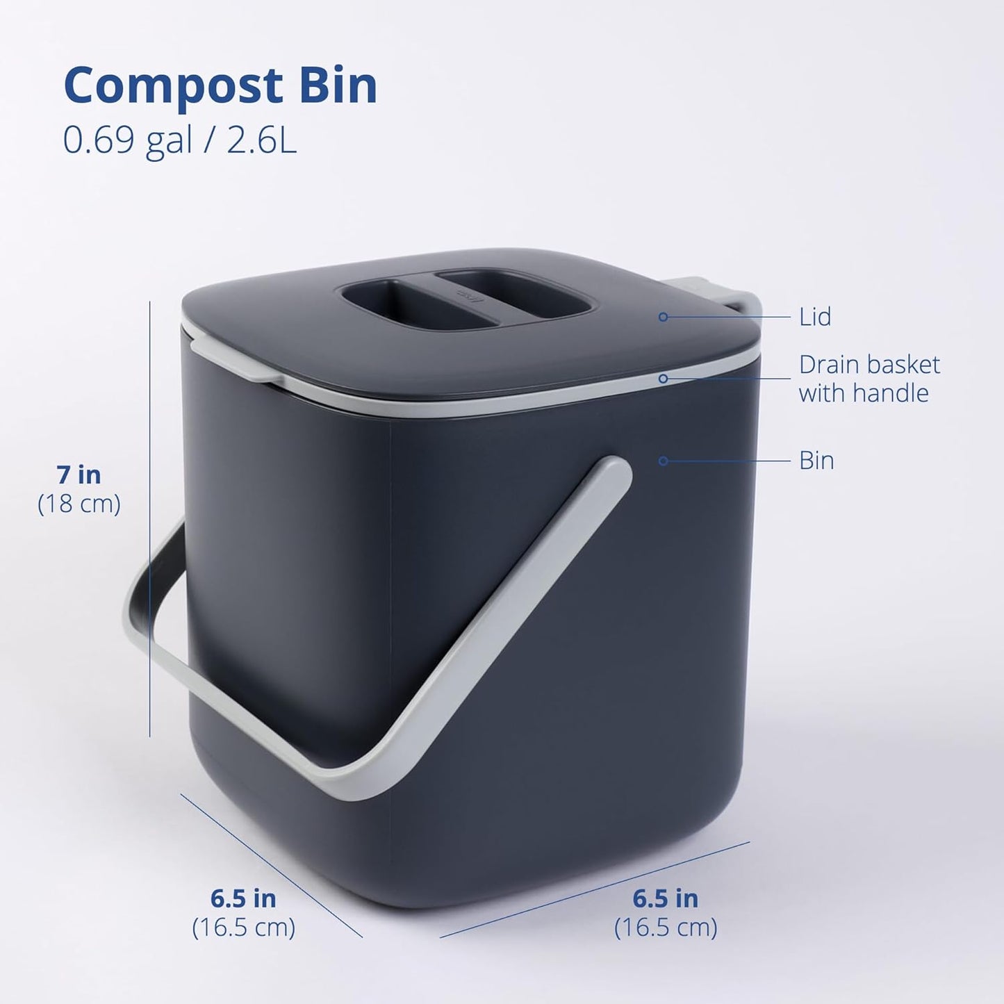 Blue Ginkgo Kitchen Compost Bin [2.6L / 0.69 GAL] – Filter-Free, Odor-Tight Countertop Food Waste Pail with Handles (Made in Korea, Gray)