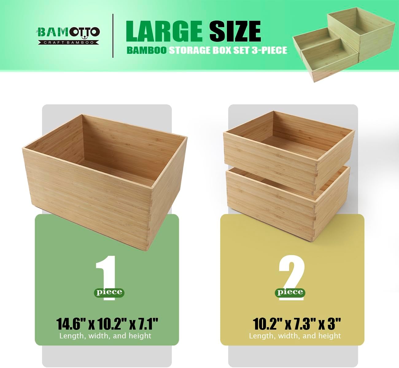 3-Piece Large Bamboo Storage Box Set, 7.1 in High Stackable Deep-Drawer Organizer for Kitchen Cutlery, Utensils & Knives, Exquisite and Durable Lidless Wooden Bin (14.6"x10.2x7.1"*1+10.2"x7.3"x3"*2)