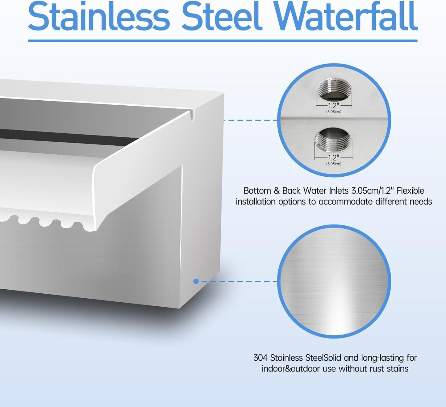 Pool Fountain Stainless Steel Pond Waterfall Spillway Kits for Indoor/Outdoor Decorative, 12 Inches Pool Water Feature for Garden Patio, Backyard Koi Pond Decor(No LED Light)