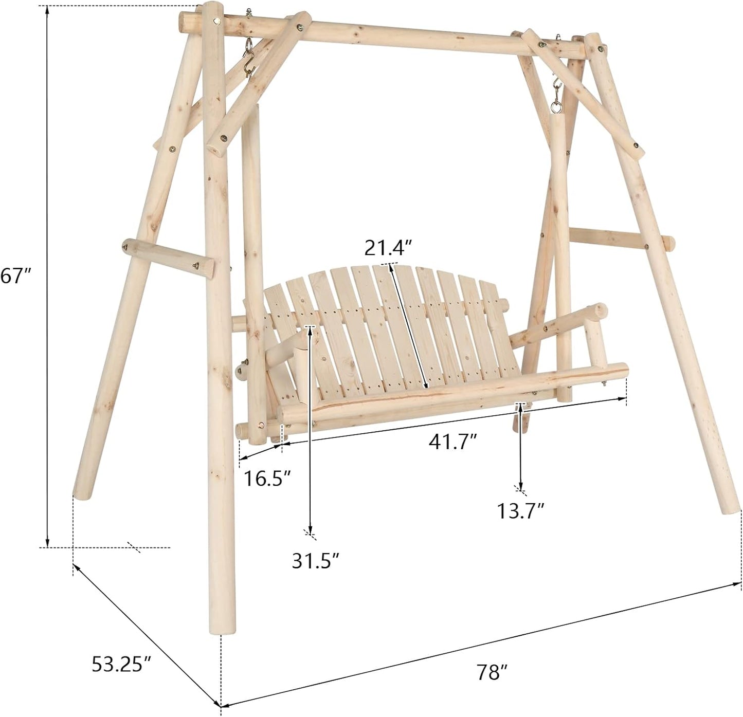 VINGLI Heavy Duty 880 LBS Wooden Patio Porch Swing with A-Frame Stand, Hanging Swing Bench Chair with Frame for Outside, Yard, Garden (Natural)