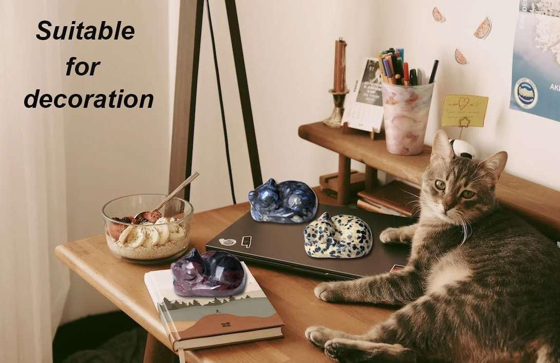 LAIDANLA Dalmation Spot Jasper Cat Healing Crystals Figurine Sleeping Cat Hand Carved Cute Statue Polished Stone Sculpture Reiki Office Room Bedroom Desk Home Decoration Gifts 1.6"