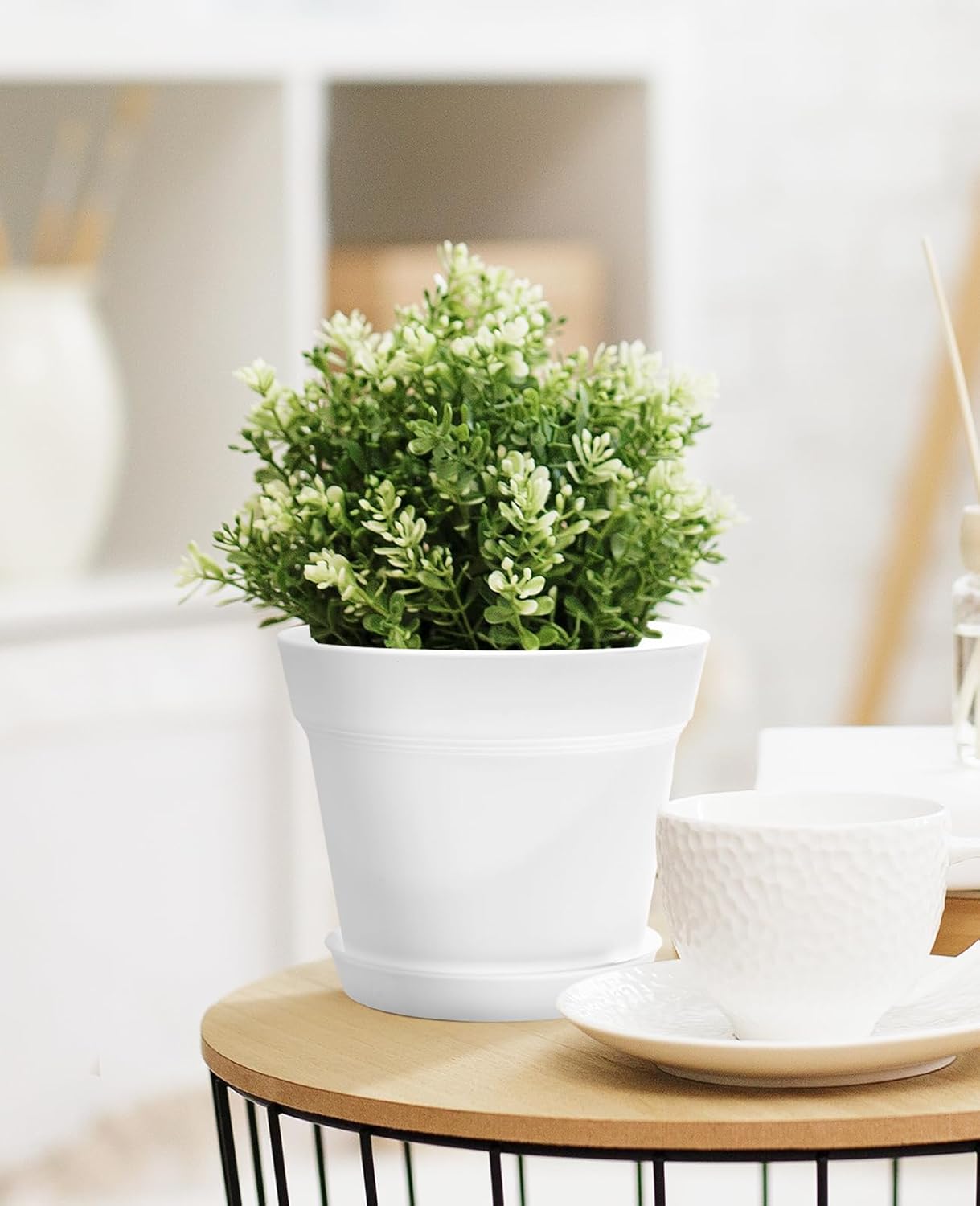 homenote Pots for Plants, 8 Pcs 7.5 Inch Plastic Planters with Multiple Drainage Holes and Tray - Plant Pots for All Home Garden Flowers Succulents, Cream White